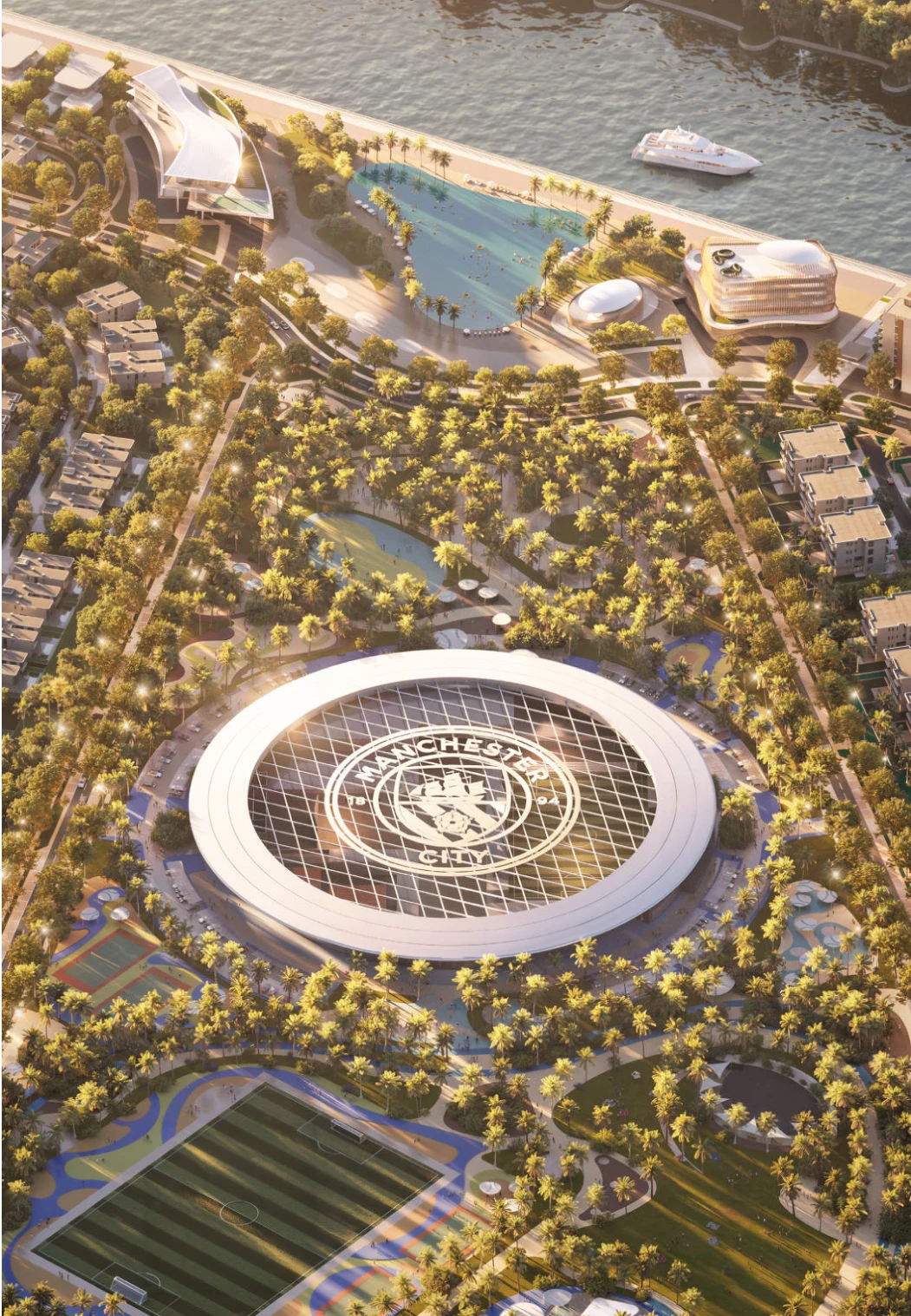 Community masterplan rendering alongside Yas Canal